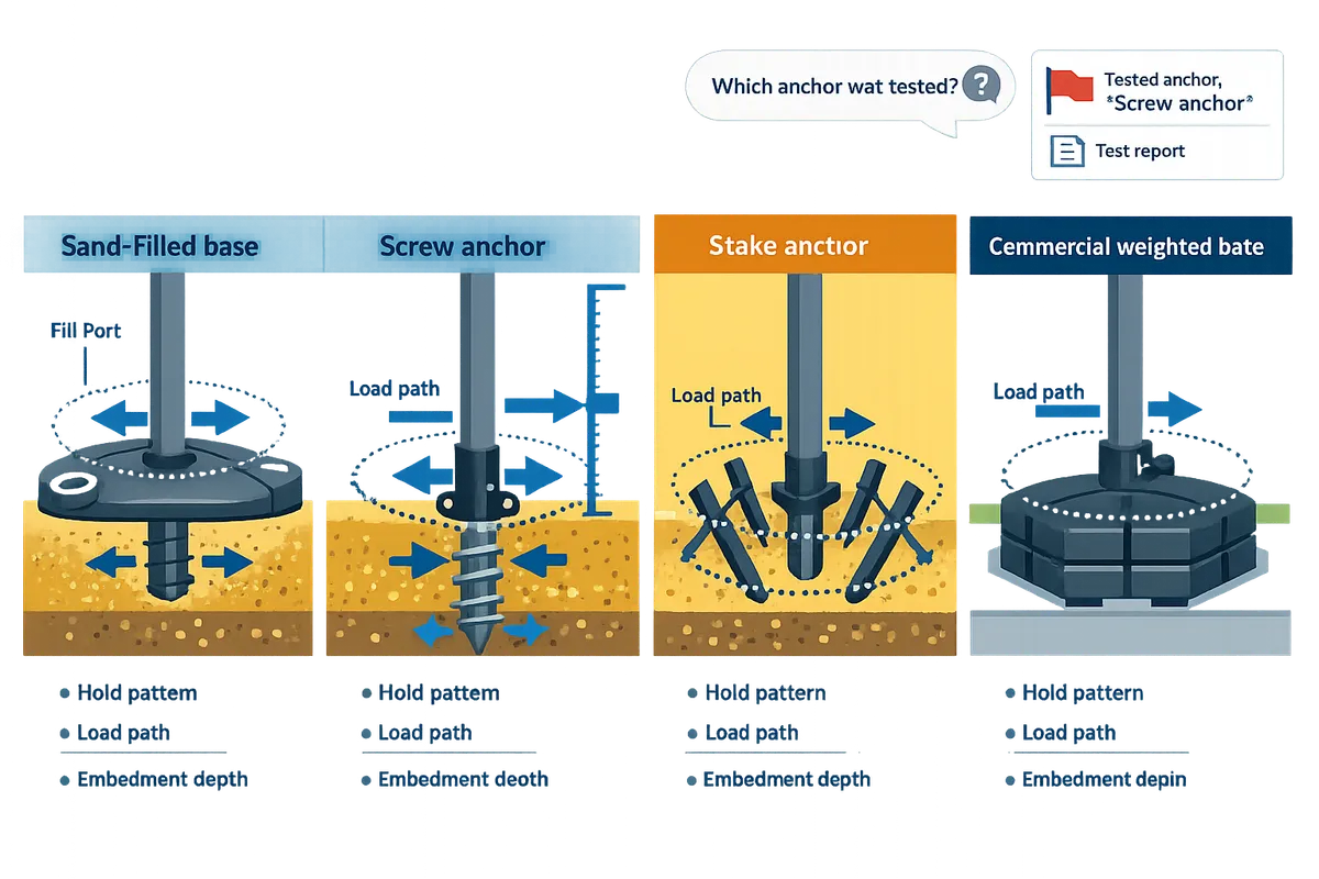 comparison diagram showing sand-filled base, screw anchor, stake anchor, and commercial weighted base with labeled hold patterns and load paths