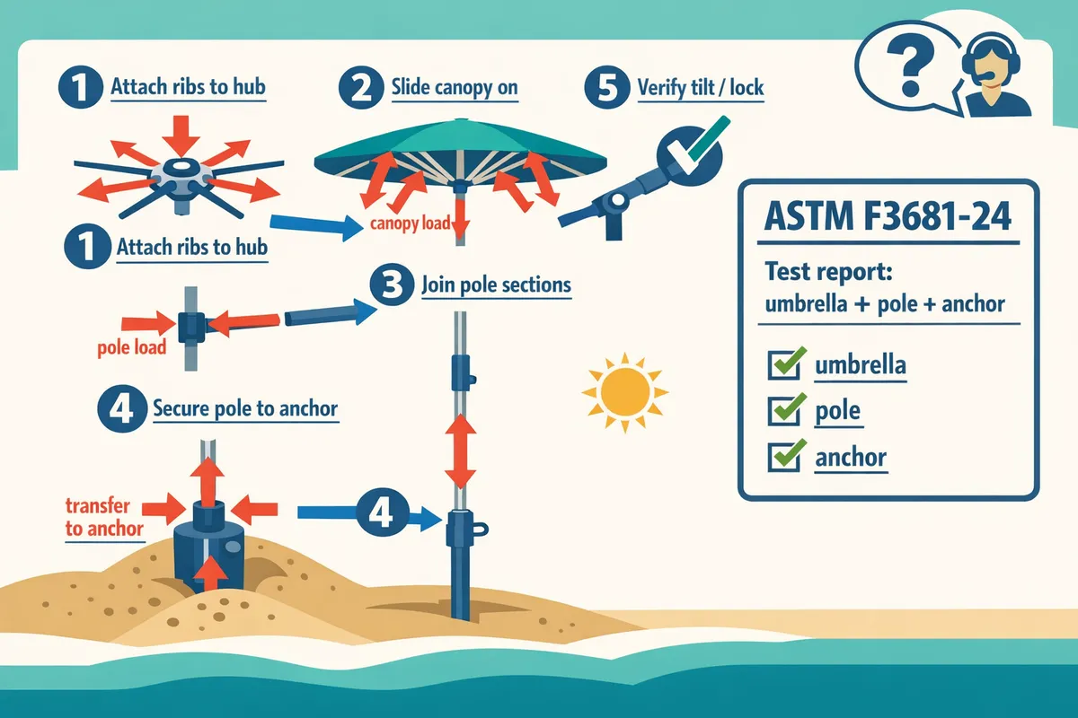 diagram showing beach umbrella, pole, anchor/base, and labeled assembly steps with arrows indicating load paths