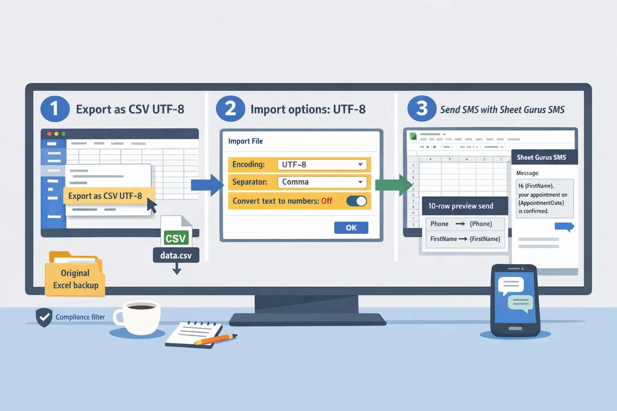 user exporting Excel as CSV UTF-8 and importing into Google Sheets with import options highlighted