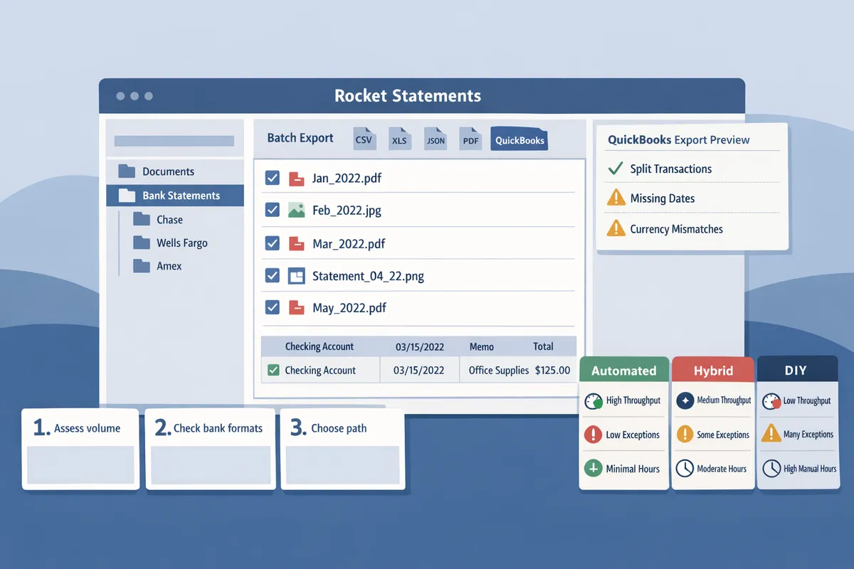 screenshot showing Rocket Statements dashboard with bank statements, batch export options, and QuickBooks export preview