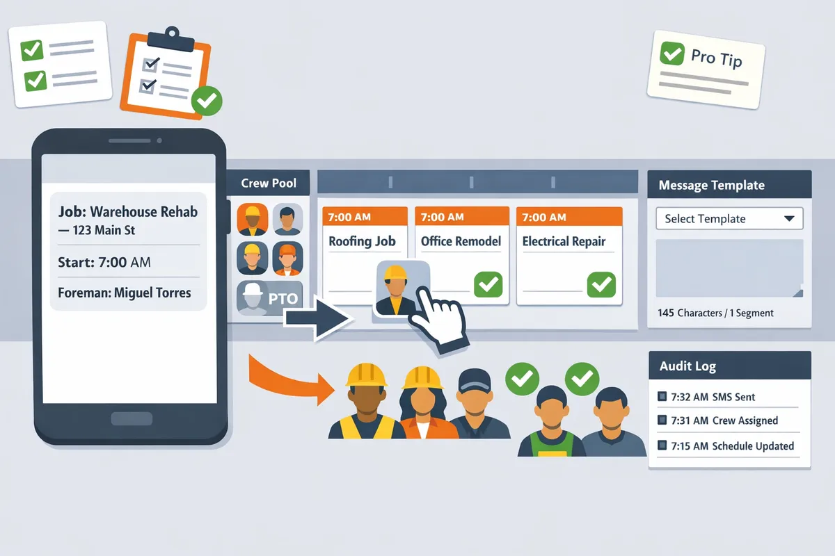 sample SMS schedule on a phone screen showing Job, Start time, and Foreman name