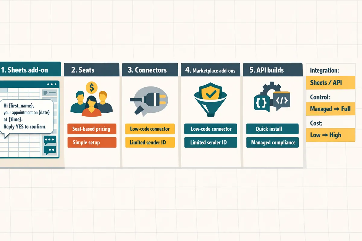 comparison grid showing five solution types for Google Calendar SMS reminders with icons for Sheets, seats, connectors, marketplace add-ons, and API builds