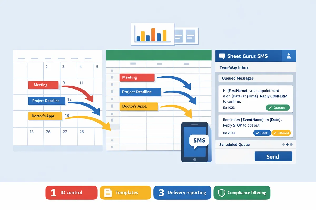 calendar events flowing into a Google Sheet with scheduled SMS messages queued in a sidebar inbox
