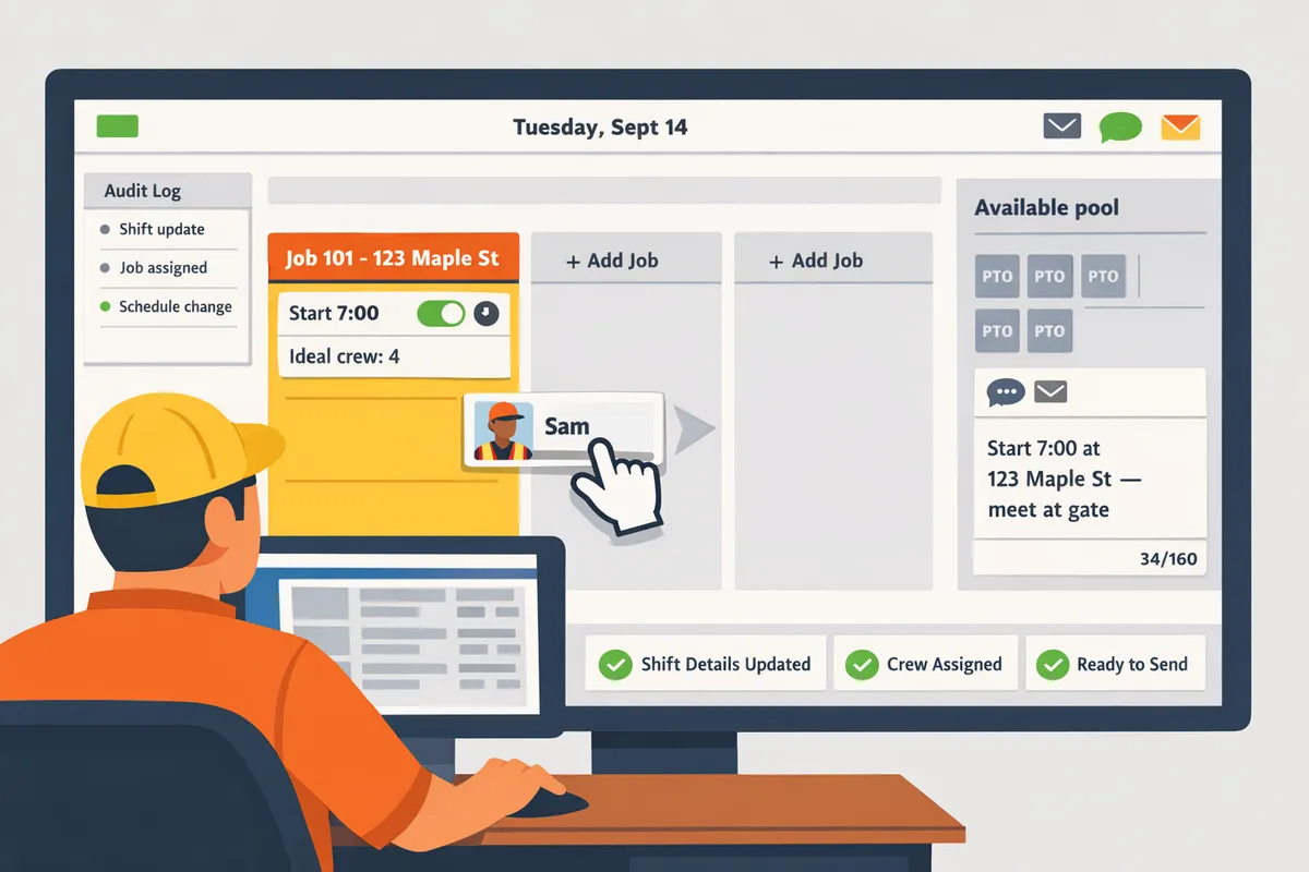 operator building a day-board on desktop showing job cards, an available pool with PTO grayed-out, and a template SMS preview with character counter