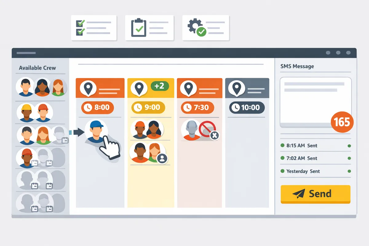 day-board view showing jobs as columns, crew pool with grayed-out PTO entries, and an open SMS template ready to send