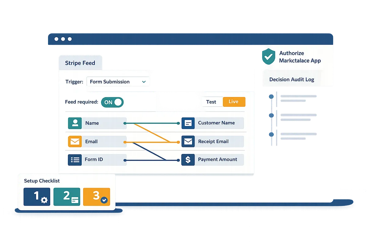 Gravity Flow feed settings screenshot showing a Stripe feed mapped to form fields and a feed status trigger selection