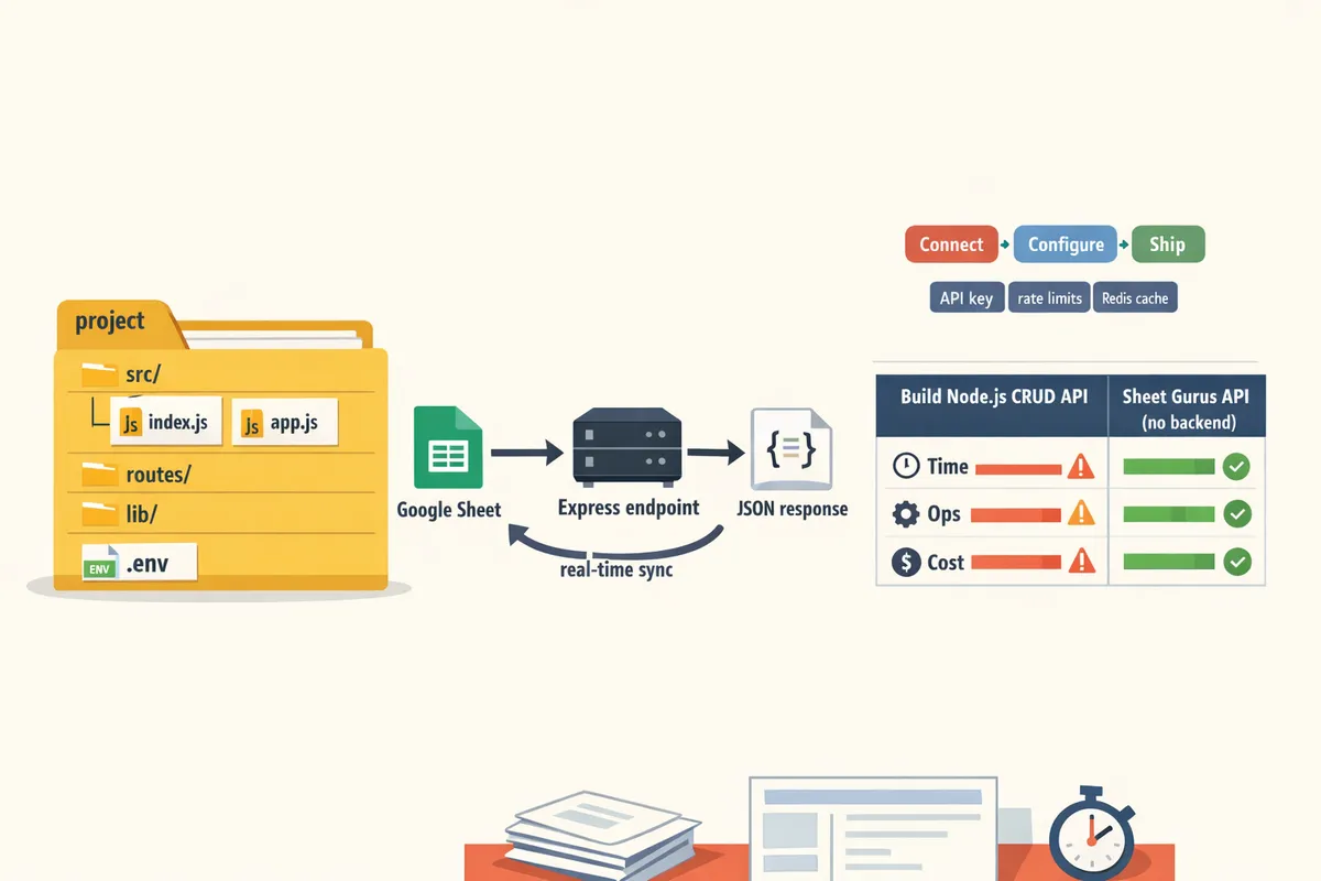 folder layout diagram showing src, routes, lib, .env and a labeled flow from spreadsheet to Express endpoint to JSON response