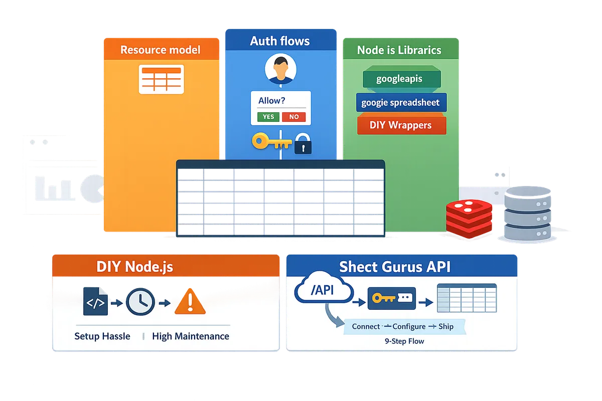 diagram comparing Google Sheets API resource model, auth flows, and typical Node.js library choices