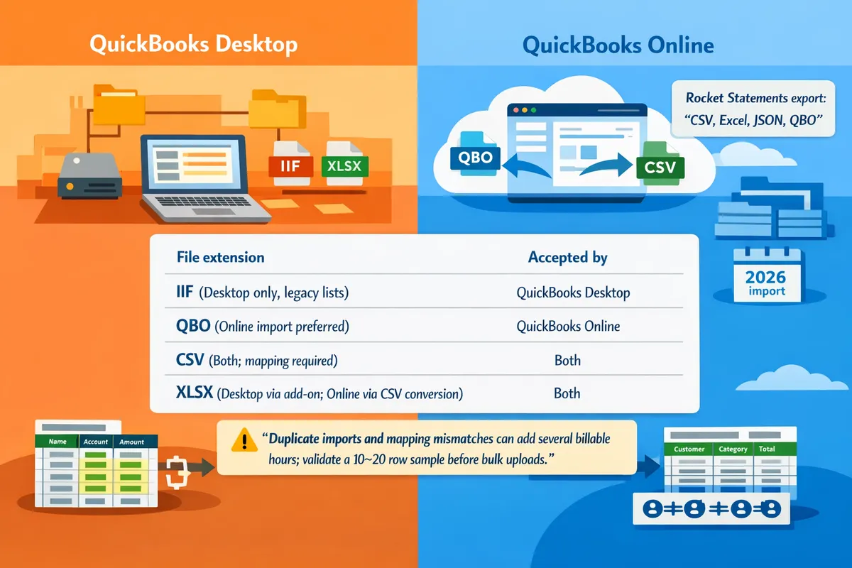 table showing file extensions and which QuickBooks product accepts each, with example caveats