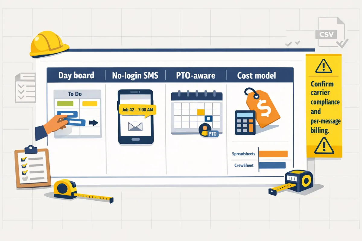 side-by-side comparison table showing day-board, no-login SMS, PTO handling, and cost model columns