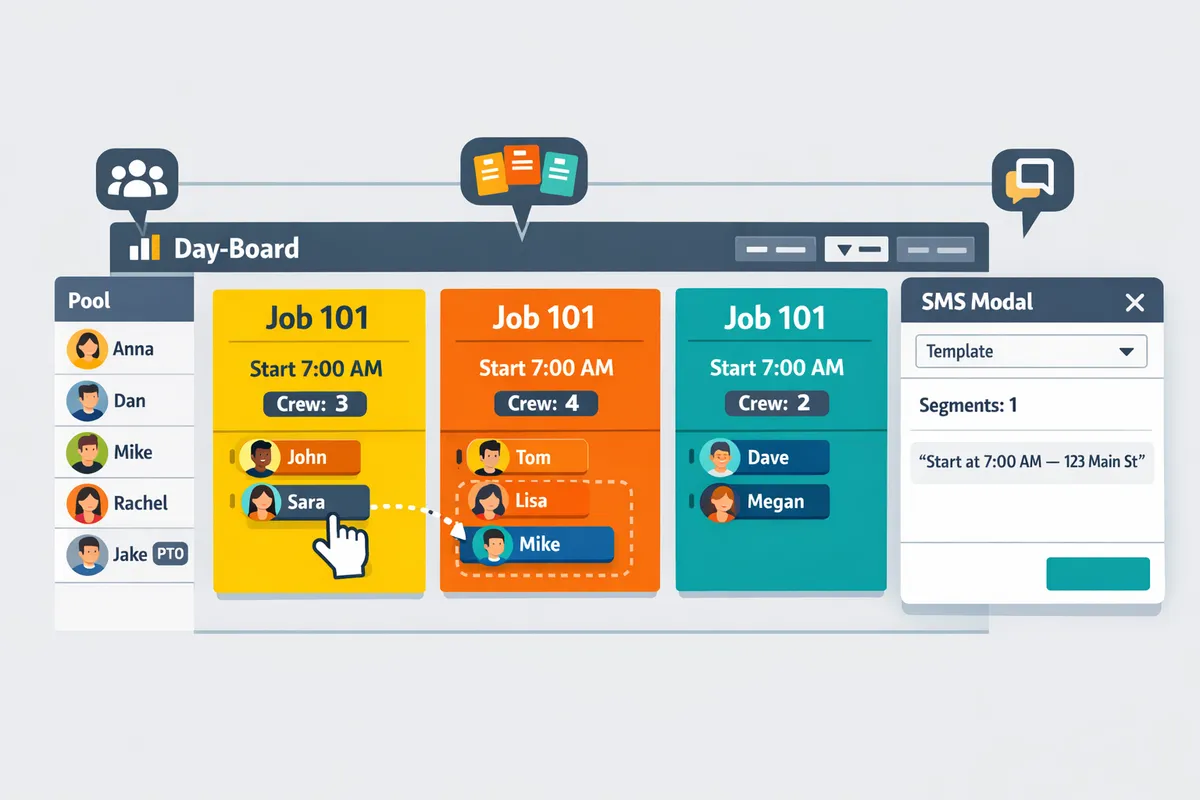 annotated day board showing jobs as side-by-side cards, an available crew pool at the left, and an SMS send modal with a template and segment counter
