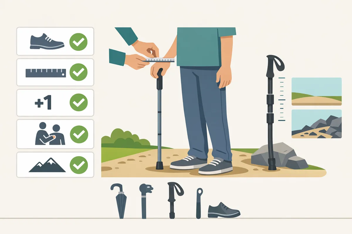person measuring cane length using wrist-height method next to a hiking stick on a trail