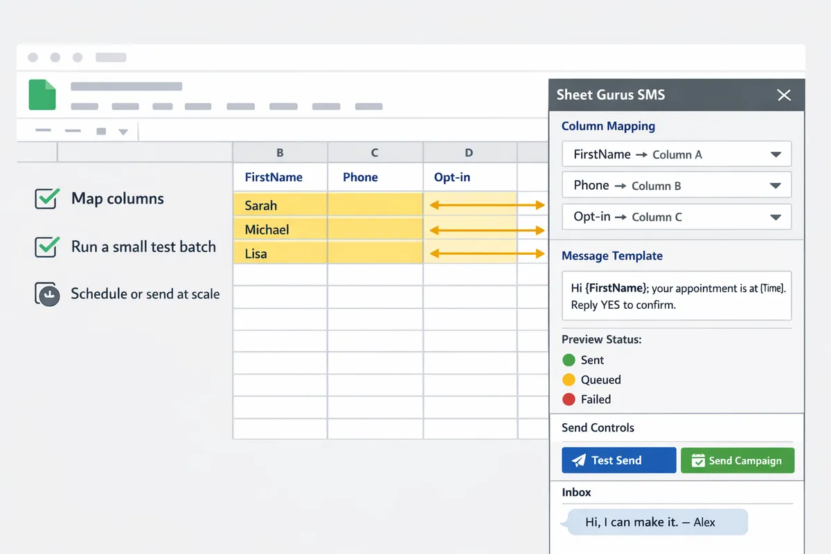 annotated screenshot of a Google Sheets sidebar showing column mapping, message template with {FirstName} variable, and delivery status indicators