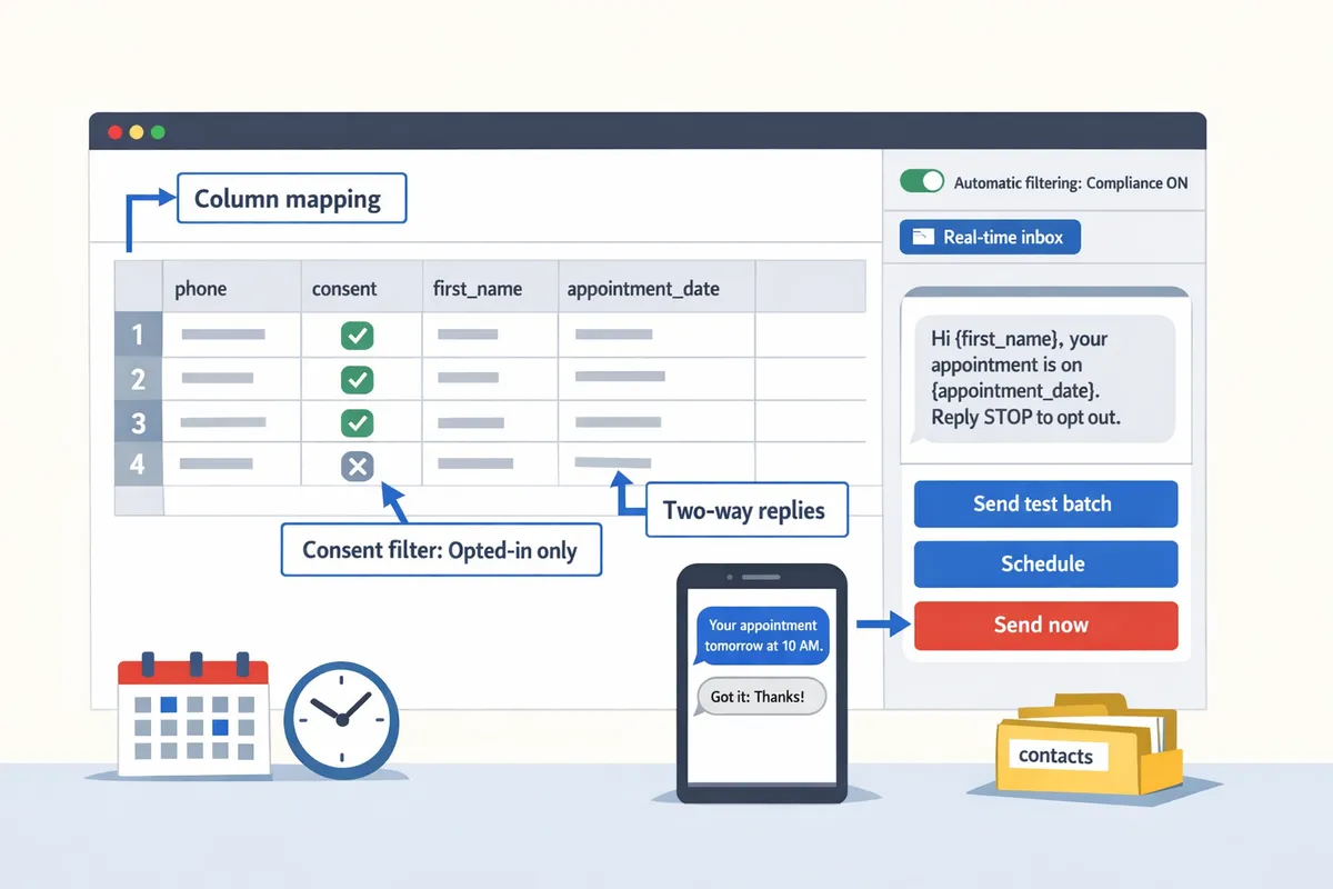 annotated screenshot of a Google Sheet showing columns phone, consent, first_name, appointment_date and an open sidebar previewing an SMS template with curly-brace variables