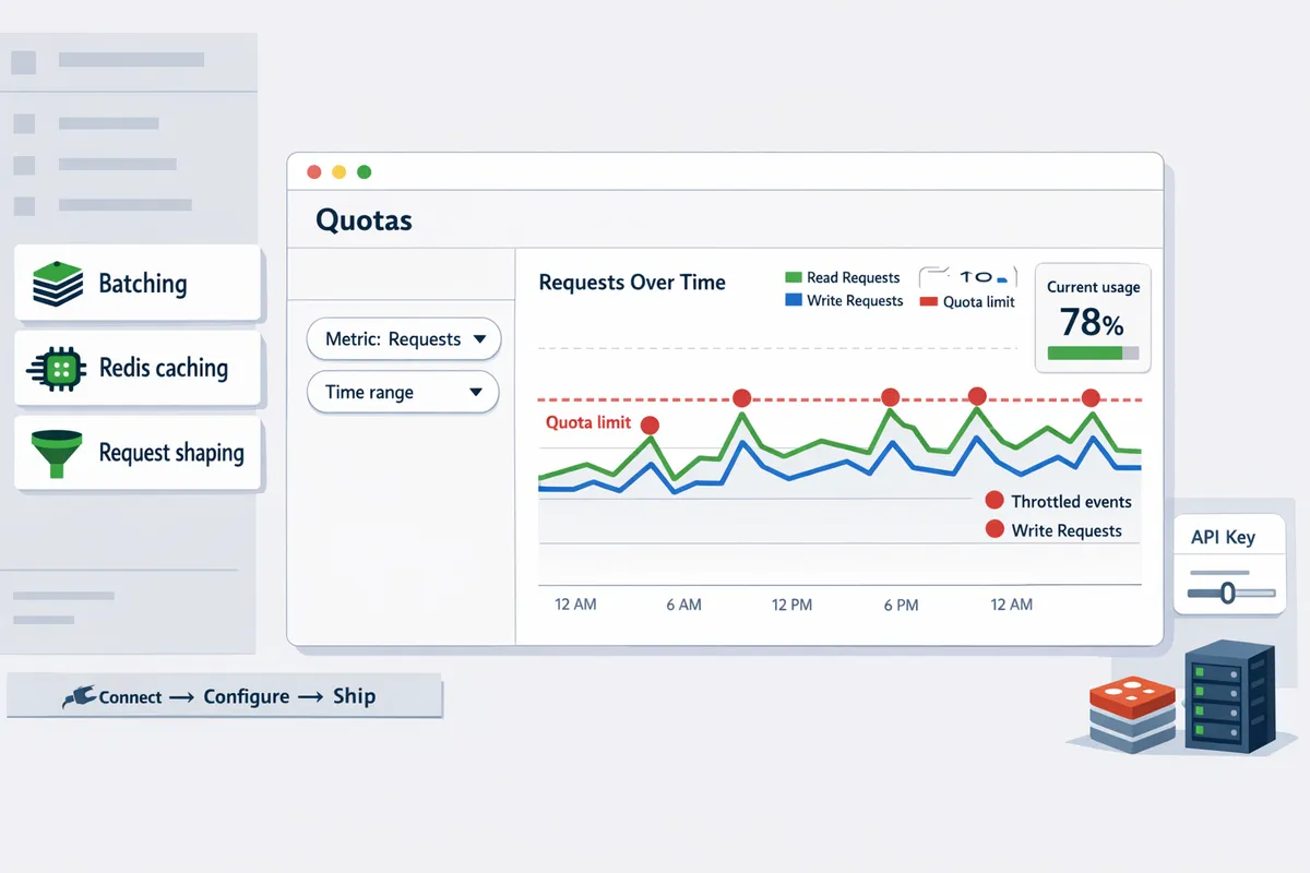 Cloud Console Quotas page showing metric filters and a chart of requests over time