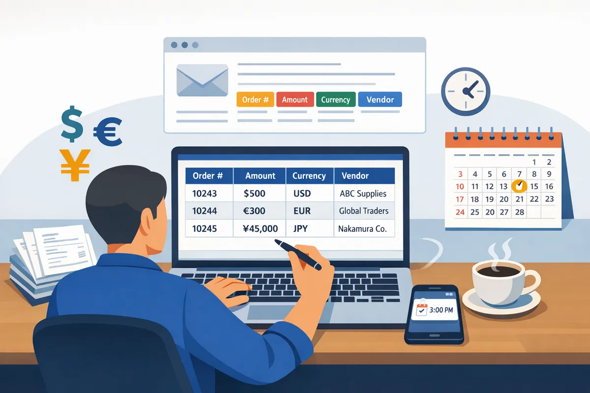 operations manager reviewing a Google Sheet that lists order numbers, amounts, currencies, and vendor names while sitting at a desk