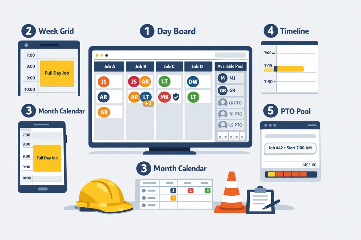 six mobile and desktop scheduling boards side-by-side showing day-board, calendar grid, PTO indicators, and message templates