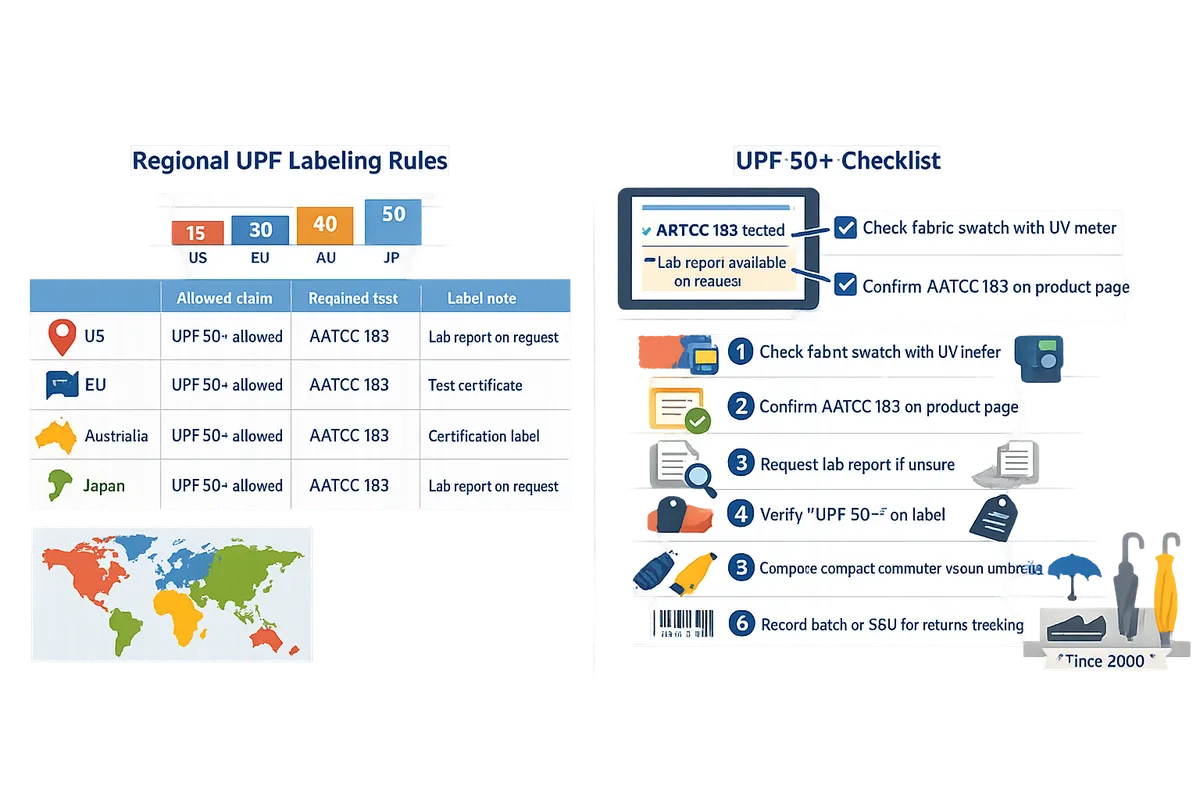 table comparing regional UPF labeling rules and a checklist for verifying UPF 50+ umbrellas at point of sale