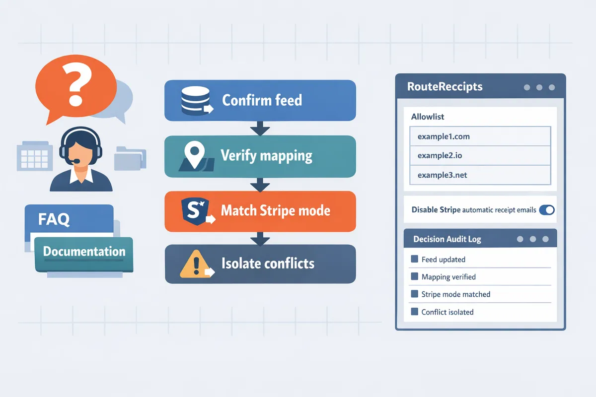 flowchart showing a four-step troubleshooting flow: confirm feed, verify mapping, match Stripe mode, isolate conflicts