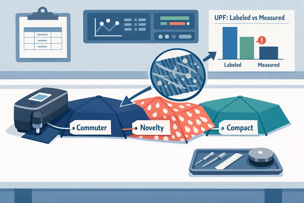 photo of three umbrella canopies laid flat on a lab bench next to a spectrophotometer and labelled sample tags