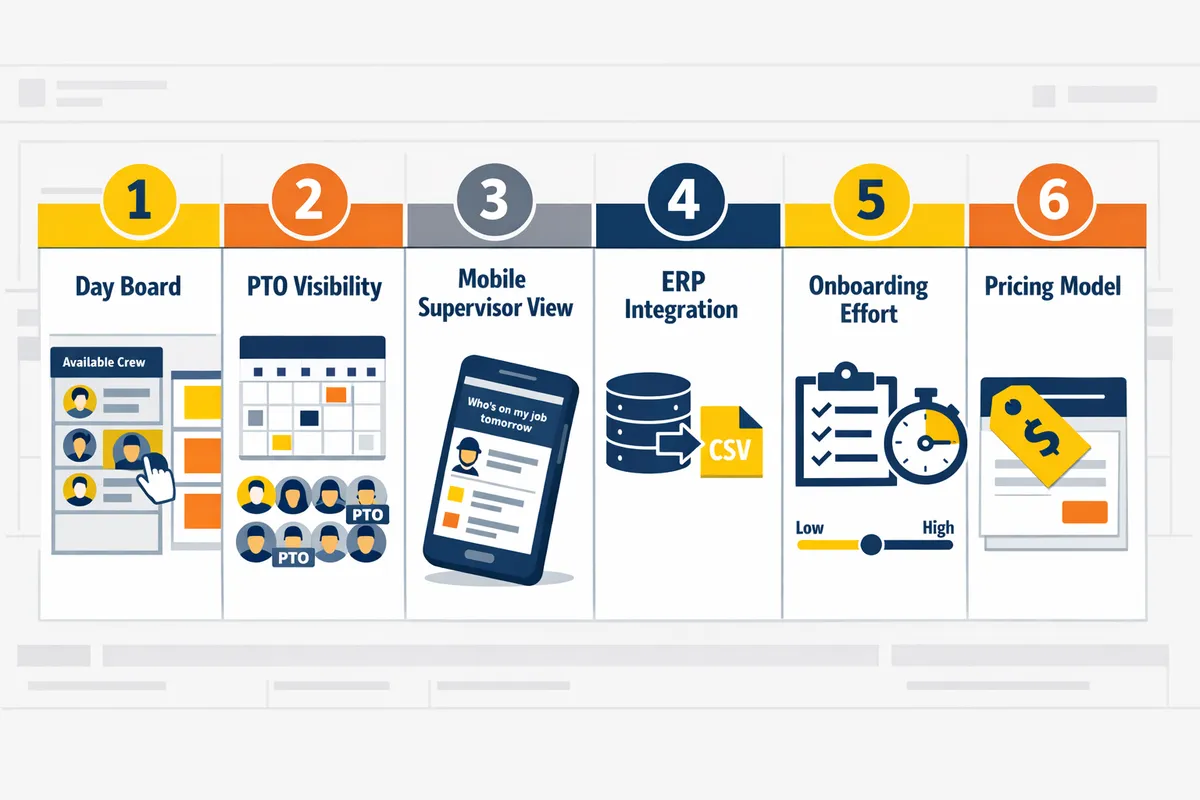side-by-side comparison table showing day-board, PTO visibility, mobile supervisor view, ERP integration, onboarding effort, and pricing model