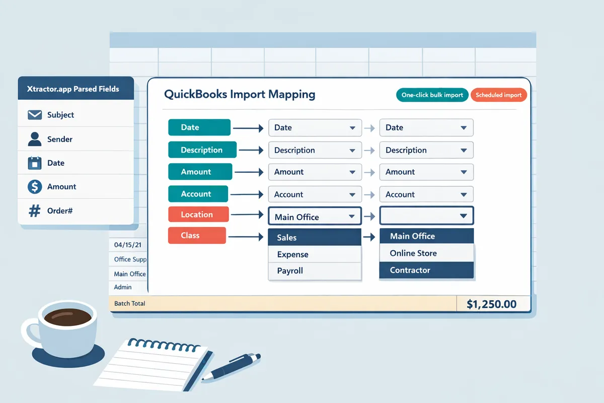 QuickBooks New Layout import mapping screen showing column selection and Location/Class dropdowns