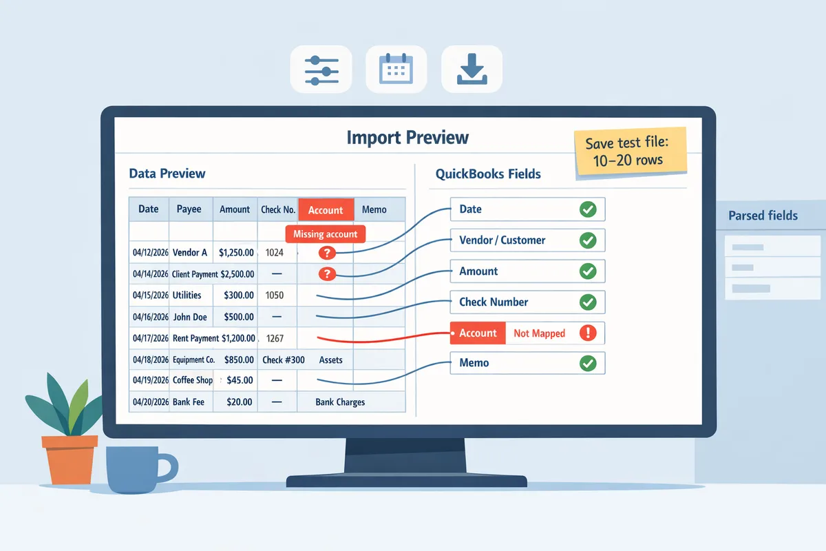 QuickBooks import preview screen showing column mapping and sample rows