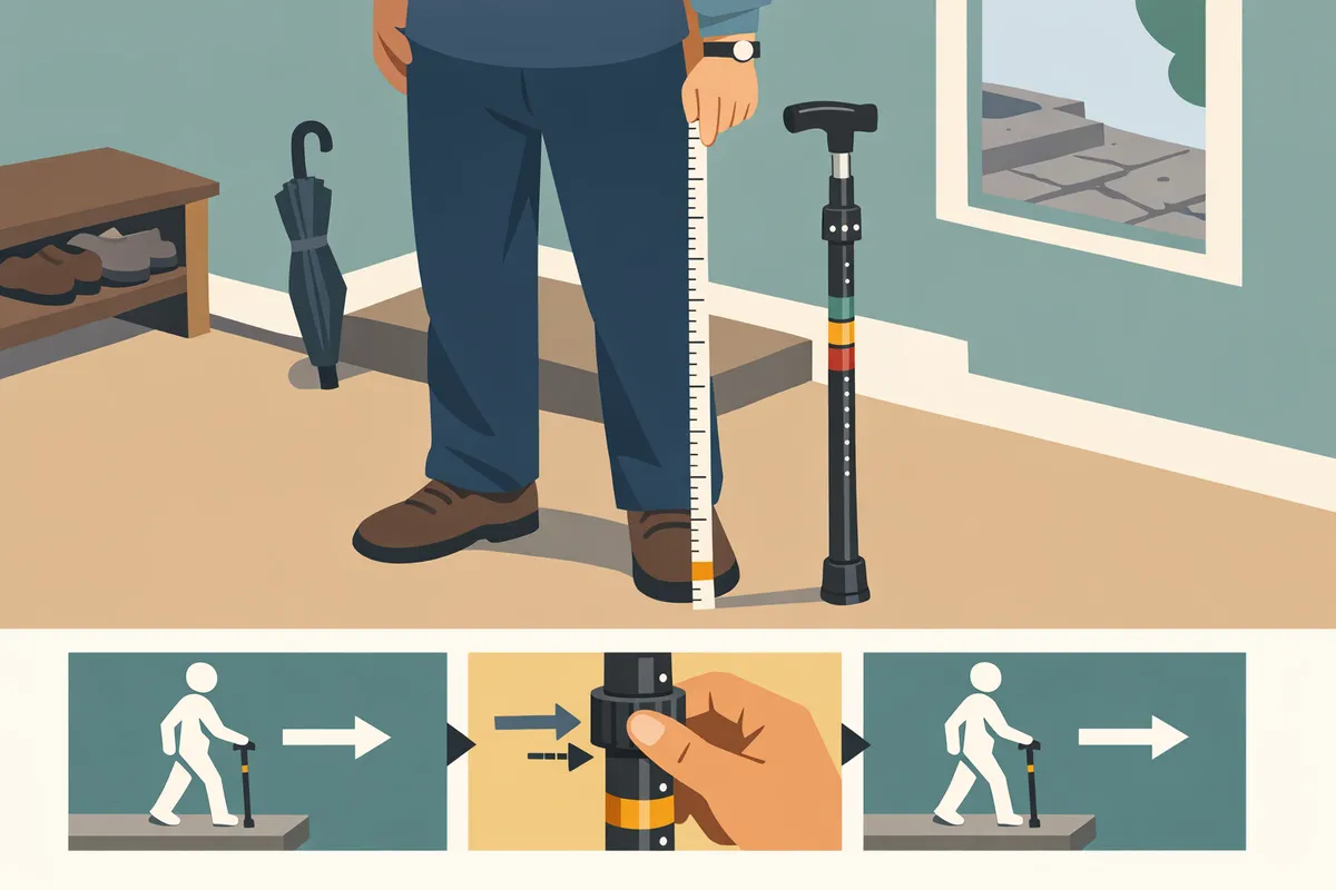 person standing in shoes with tape measure from wrist crease to floor and a cane beside them showing measurement markings