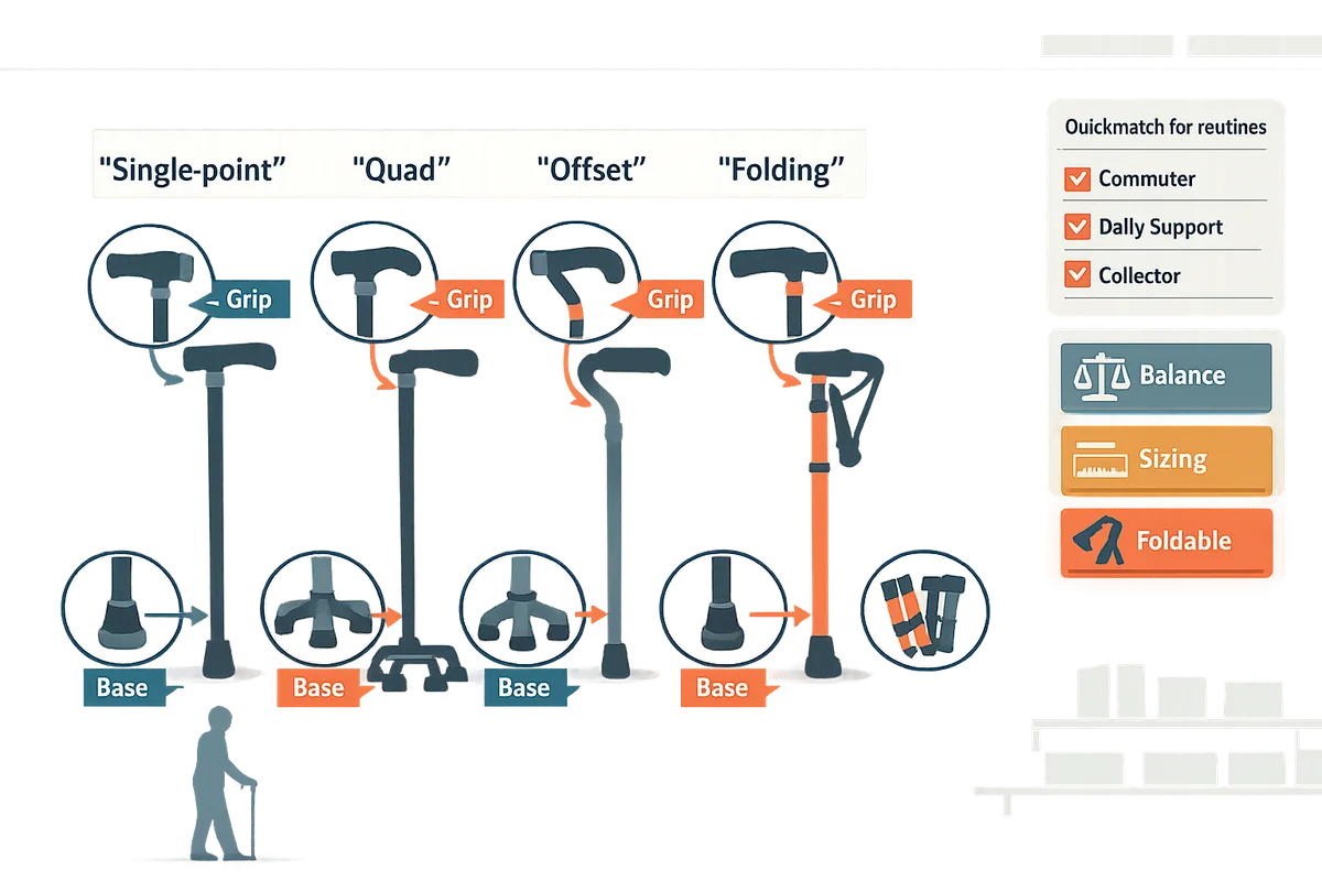 annotated comparison of single-point, quad, offset, and folding canes showing grips and bases