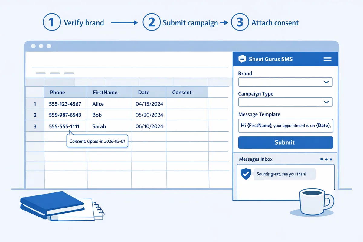 user configuring 10DLC campaign fields in Sheet Gurus SMS sidebar next to sample Google Sheet with dynamic variables