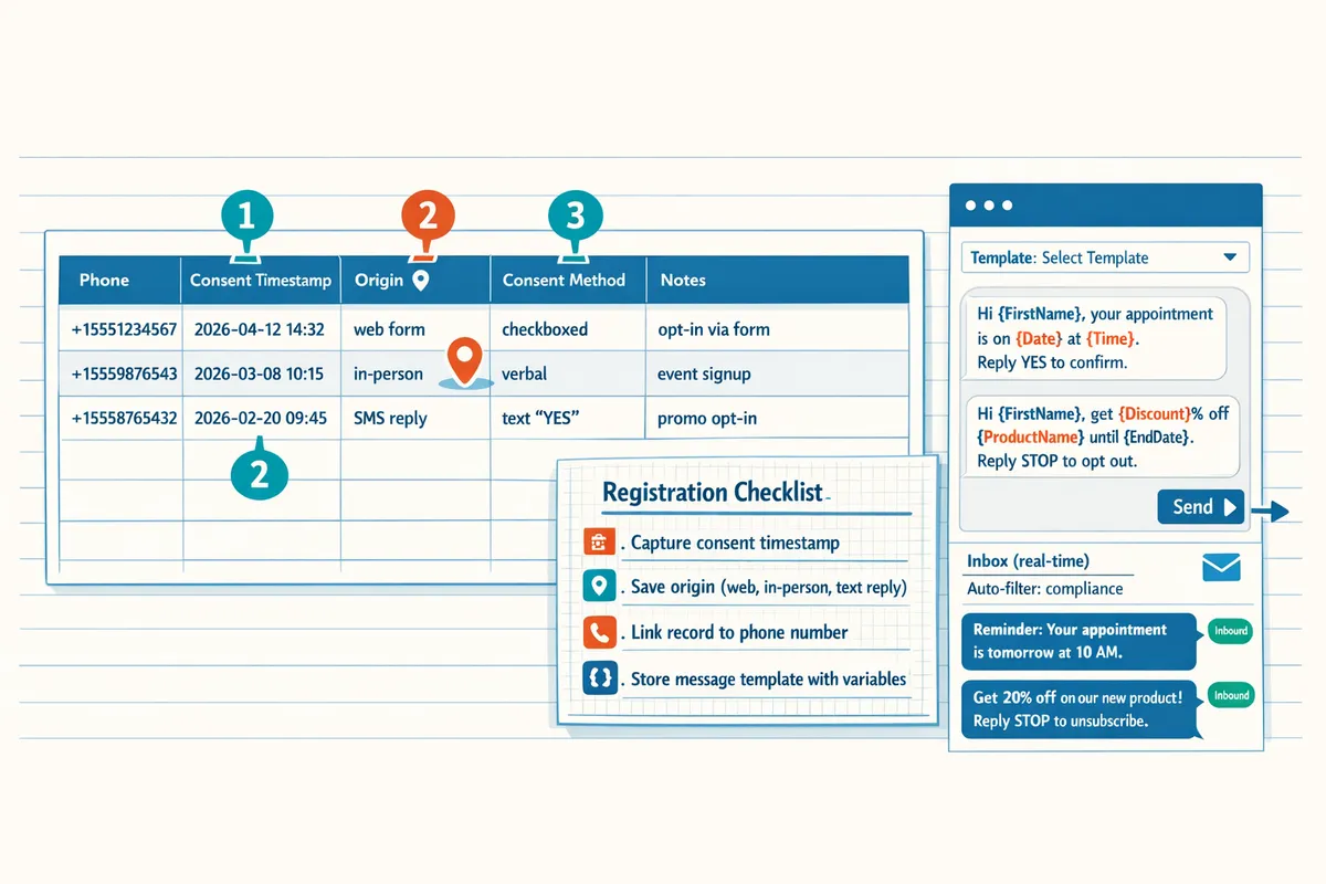 spreadsheet with consent timestamps and sample SMS templates next to a registration checklist