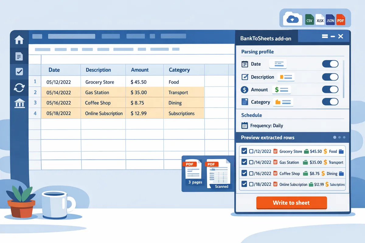 banktosheets add-on sidebar in Google Sheets showing parsing profile and schedule settings