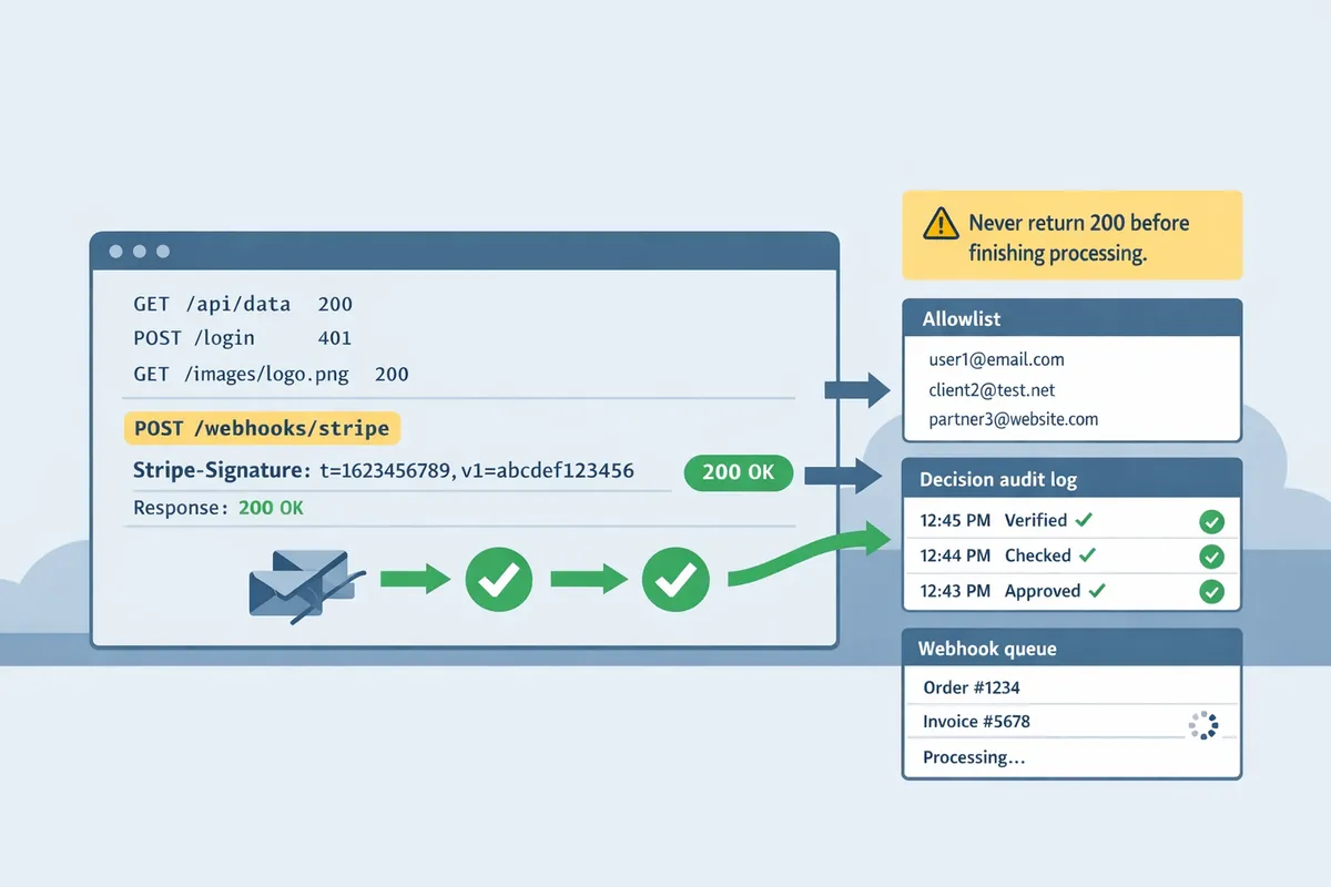 server access log showing a Stripe webhook POST with Stripe-Signature header highlighted and a 200 response code