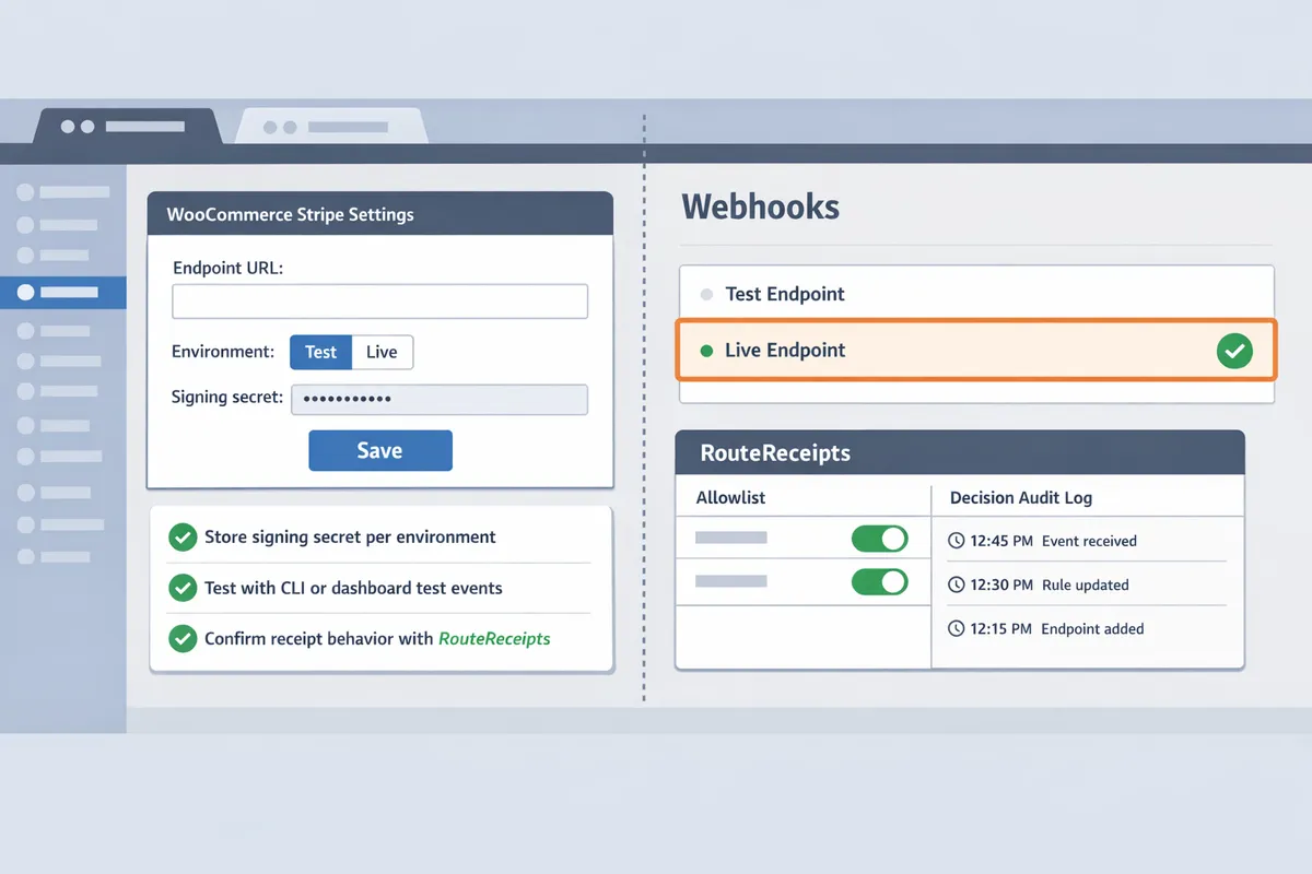 WordPress admin screen showing webhook settings and a Stripe dashboard with a webhook endpoint highlighted