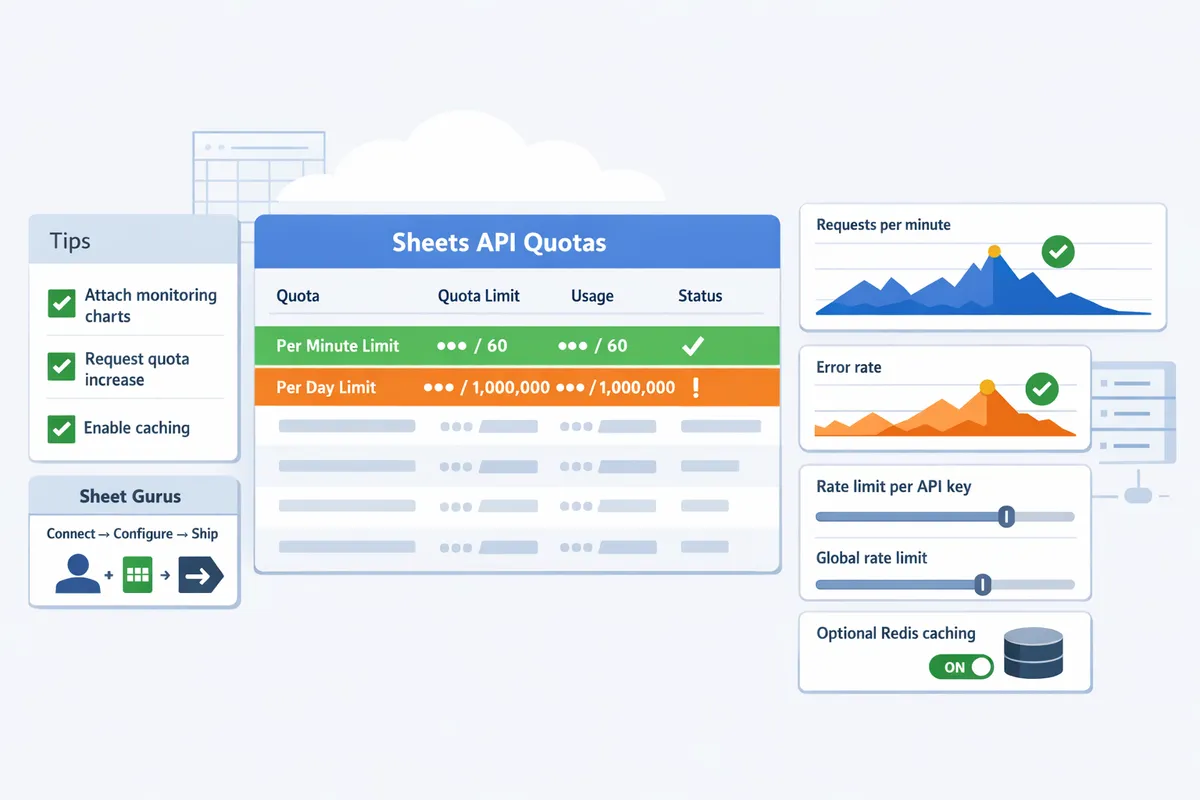 Google Cloud Console Quotas page filtered for Sheets API with highlighted per-minute and per-day limits