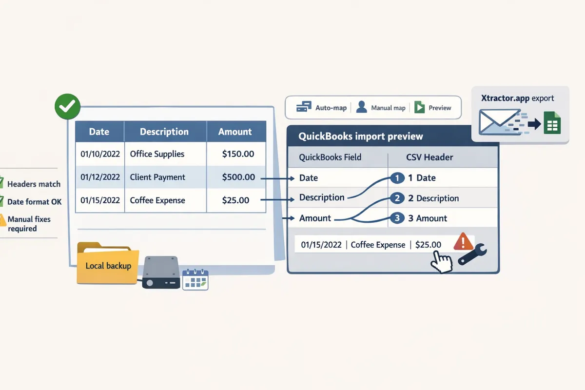 spreadsheet showing Date, Description, Amount columns next to QuickBooks import preview