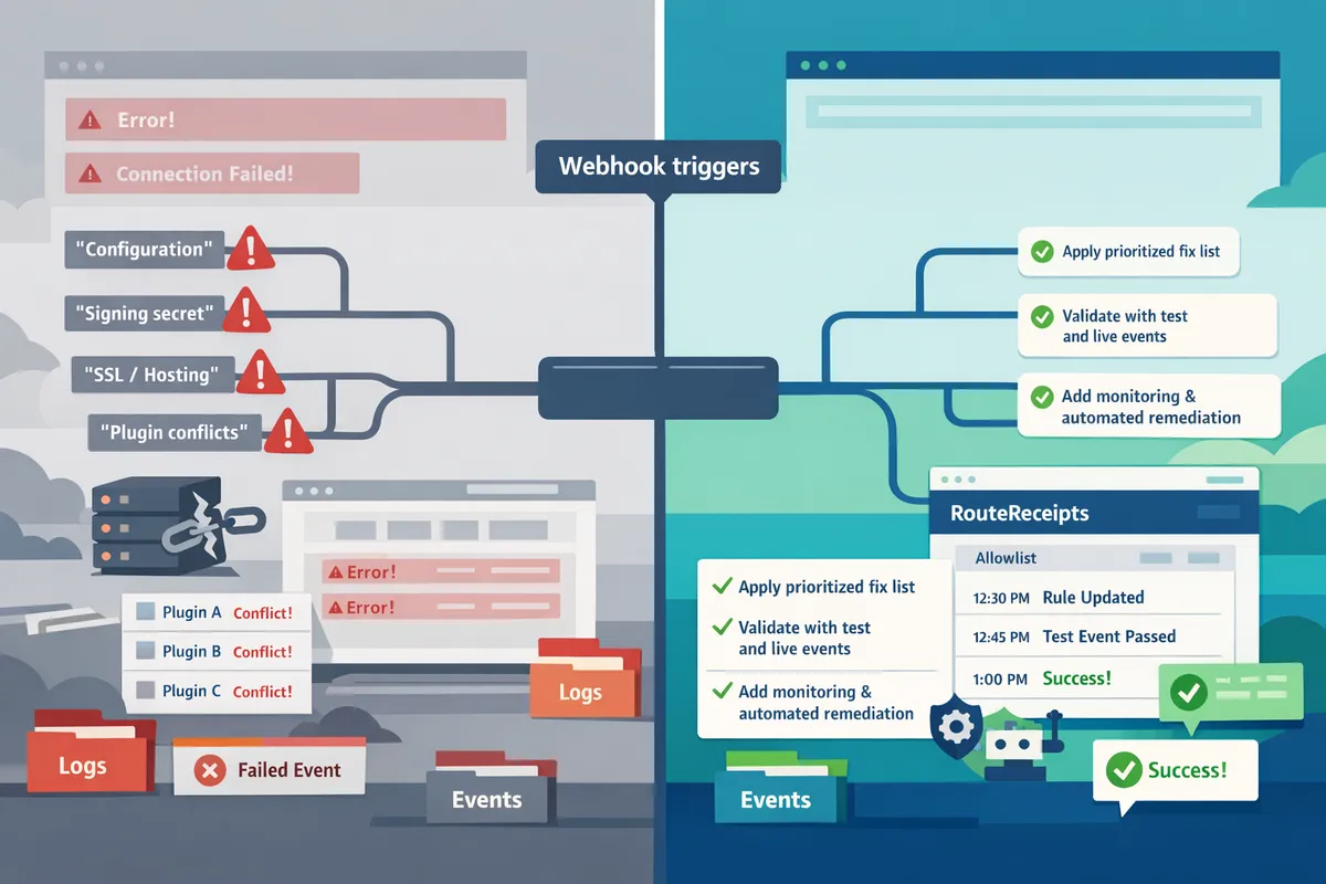 decision tree flowchart showing branches for configuration, signing secret, SSL/hosting, plugin conflicts, and RouteReceipts adoption