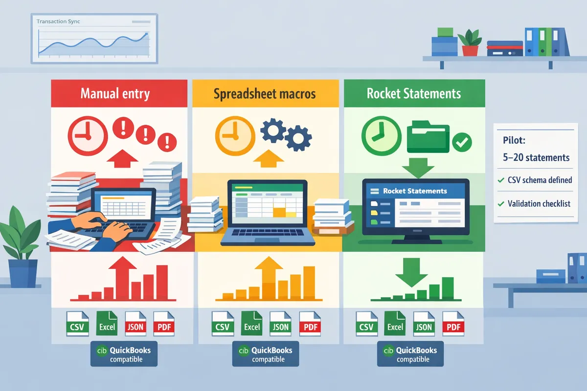 comparison chart showing three workflows: manual entry, spreadsheet macros, and Rocket Statements with time and error icons