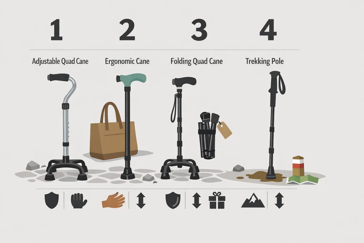 lineup of walking canes showing an adjustable quad cane, ergonomic-handle cane, folding quad, and trekking stick arranged on a neutral background
