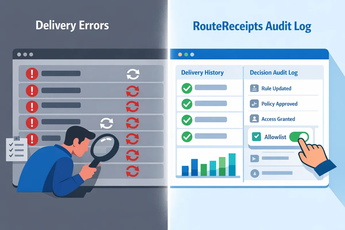 before-and-after of webhook logs showing repeated delivery errors versus a clean delivery history with RouteReceipts decision audit log