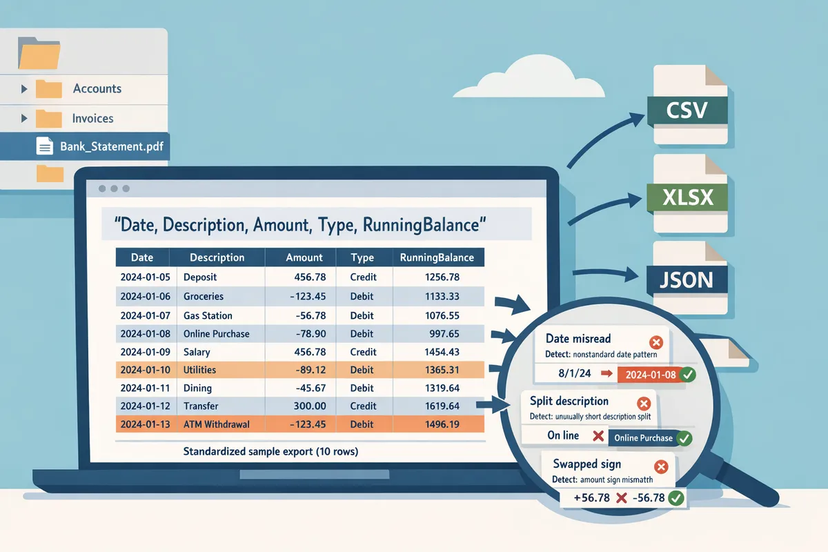 example CSV header row annotated with Date, Description, Amount, Type, and RunningBalance fields