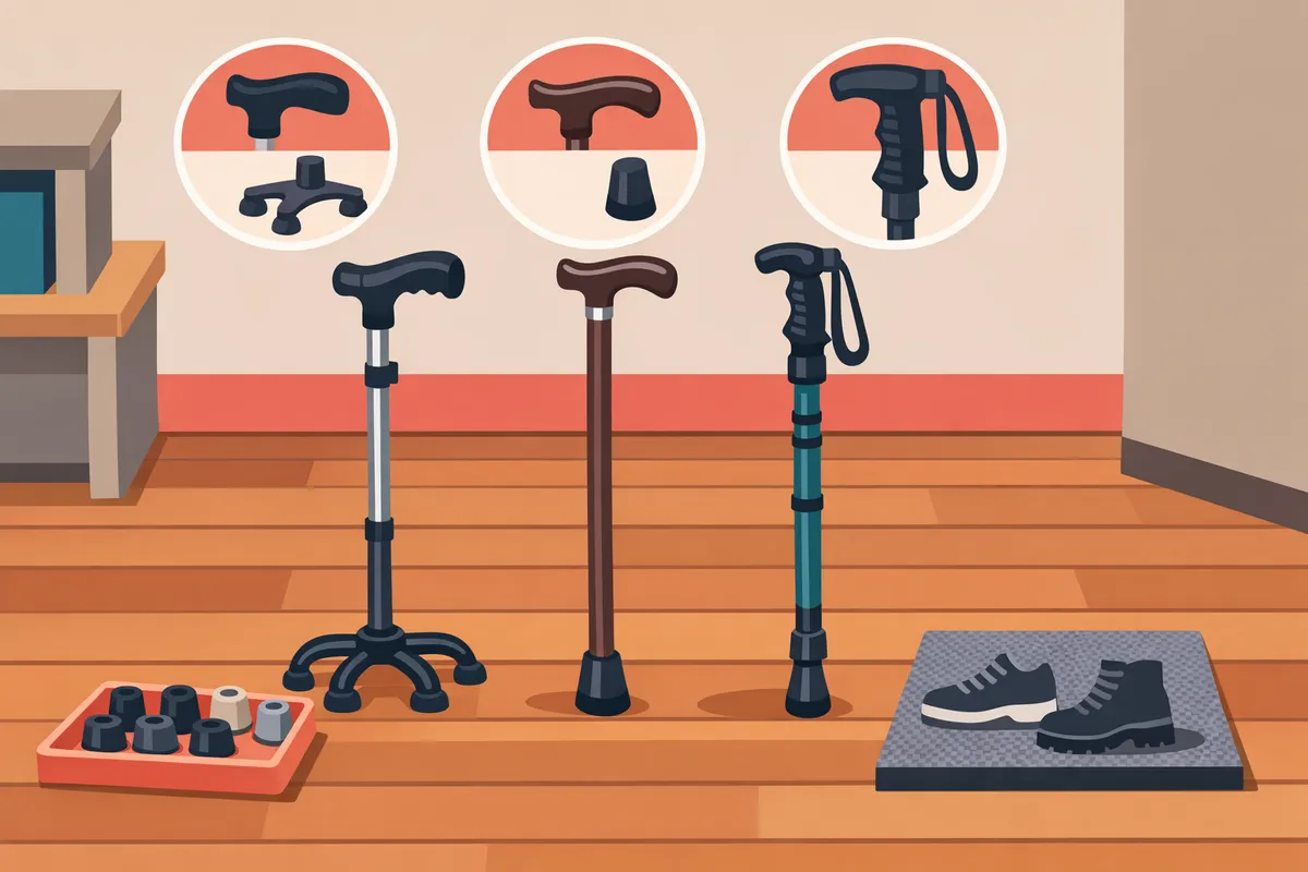 three canes side-by-side showing a quad cane, a single-point cane, and a hiking stick on a hardwood floor
