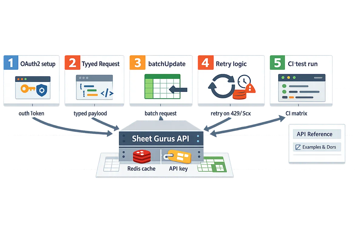 flowchart showing OAuth2 setup, typed Request construction, batchUpdate call, retry logic, and CI test run
