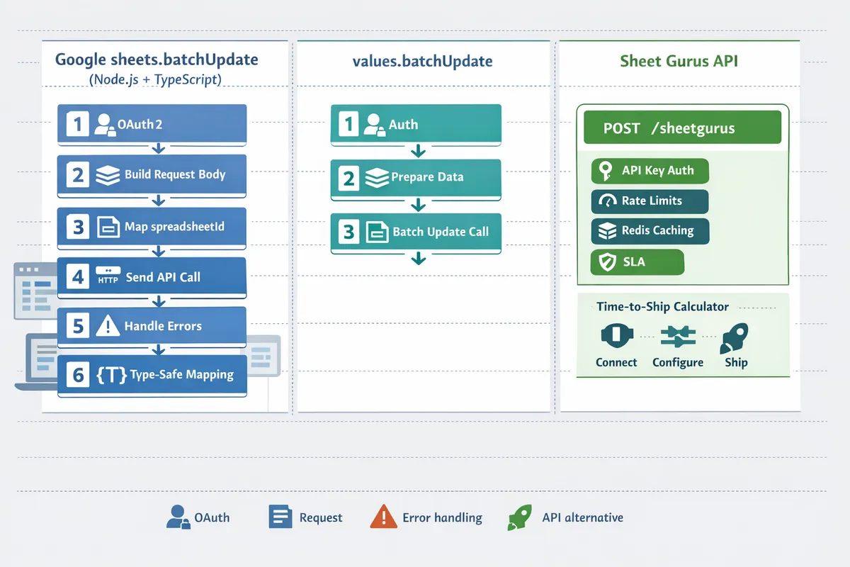 comparison table showing batchUpdate requests versus values.batchUpdate flows with Sheet Gurus API alternative highlighted