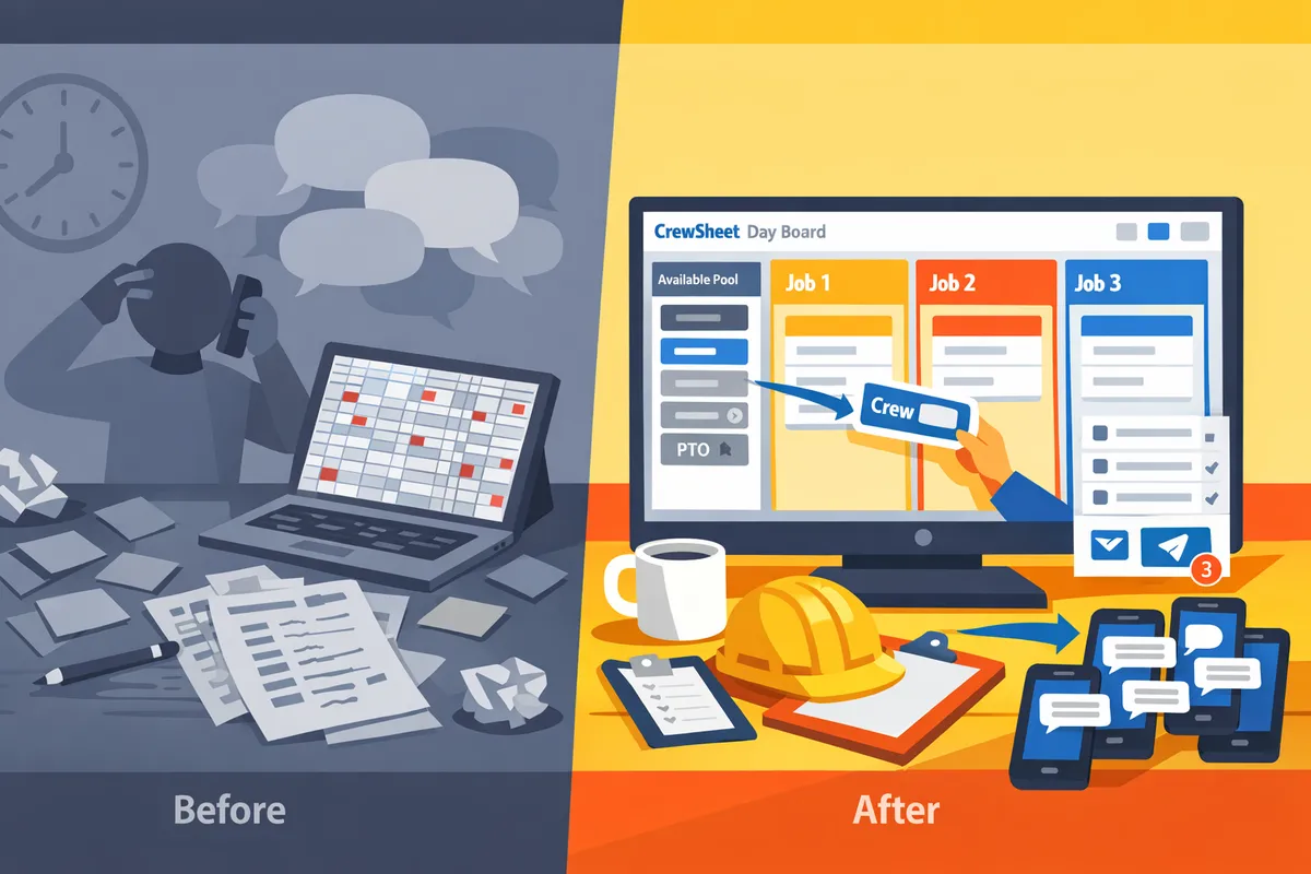 before-and-after of cluttered spreadsheet tracking and group texts versus a clean CrewSheet day board with outgoing SMS notifications
