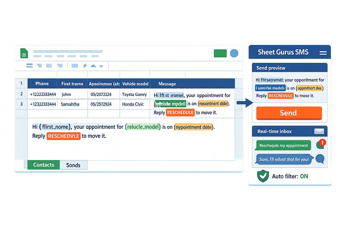 two-tab Google Sheets layout annotated with Contacts and Sends columns and example message variables