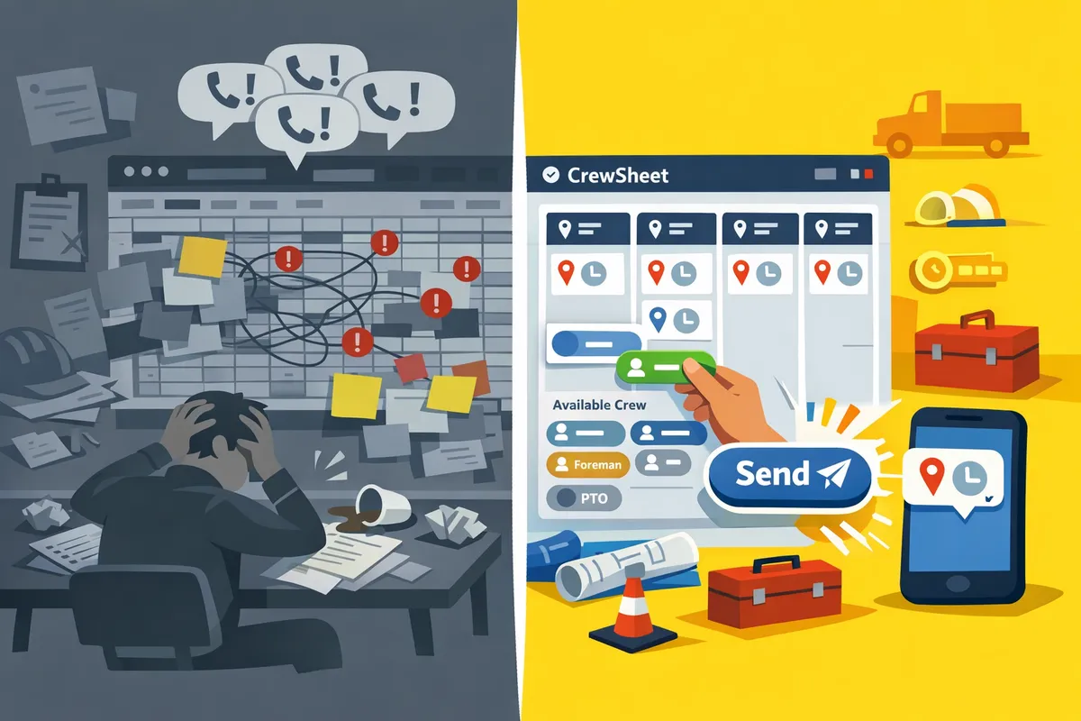 before-and-after of cluttered spreadsheet tracking versus clean CrewSheet board and SMS dispatch view