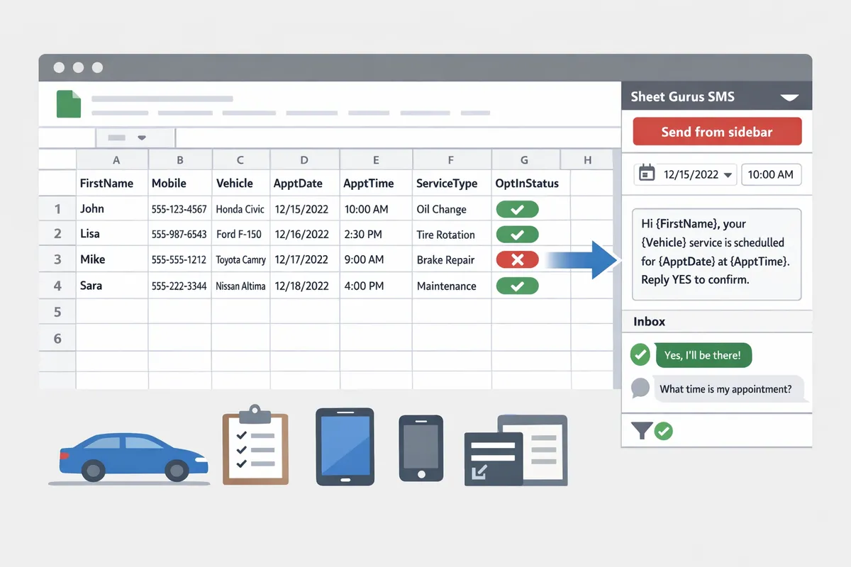 example Google Sheet layout showing columns for FirstName, Mobile, Vehicle, ApptDate, ApptTime, ServiceType, OptInStatus and a sidebar preview of a curly-brace SMS template