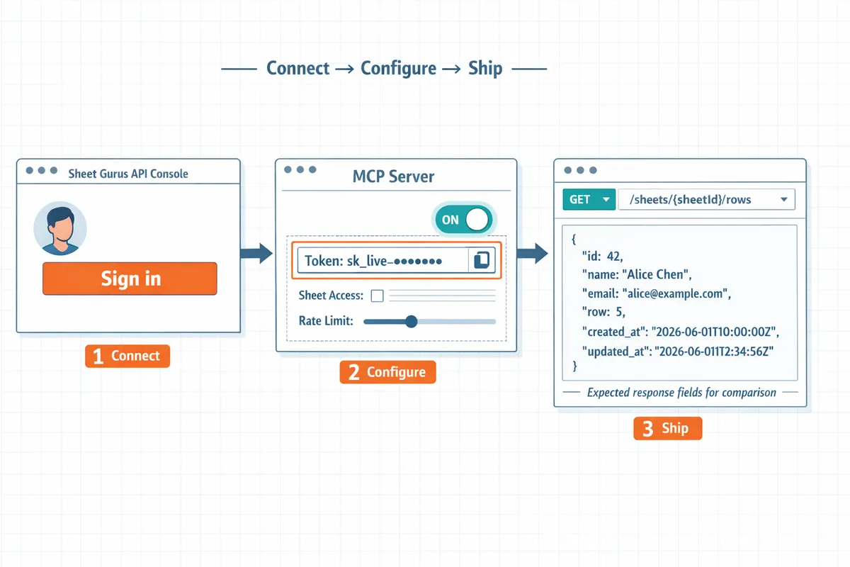 user signing in with Google in the Sheet Gurus API console (left), MCP toggle and token panel highlighted (center), Postman showing a sample CRUD request and JSON response (right)