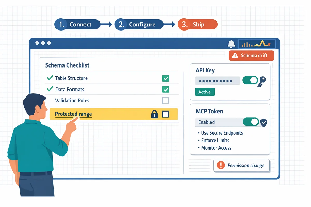 administrator reviewing sheet schema checklist in the Sheet Gurus API dashboard with highlighted protected ranges and API key settings